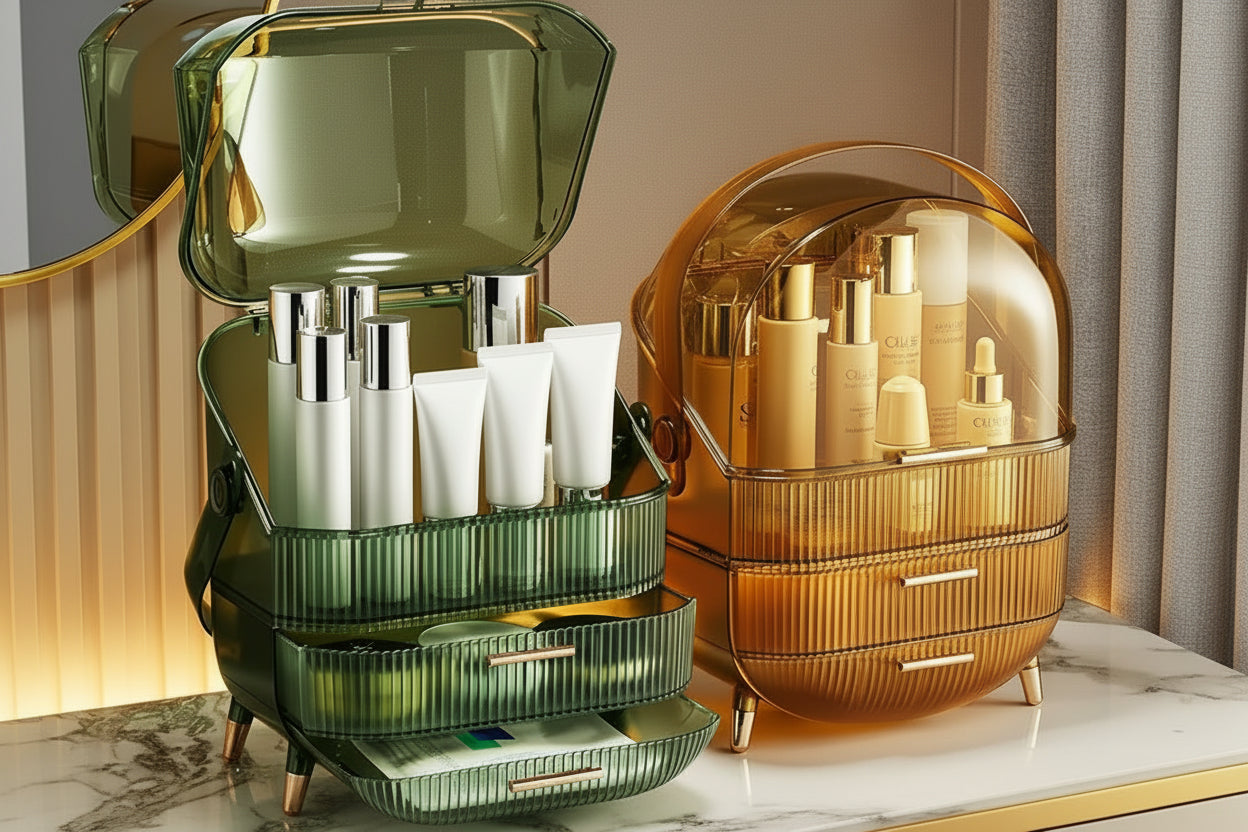 Makeup Organizer With Lid Clear Green For Dorm - Caspri