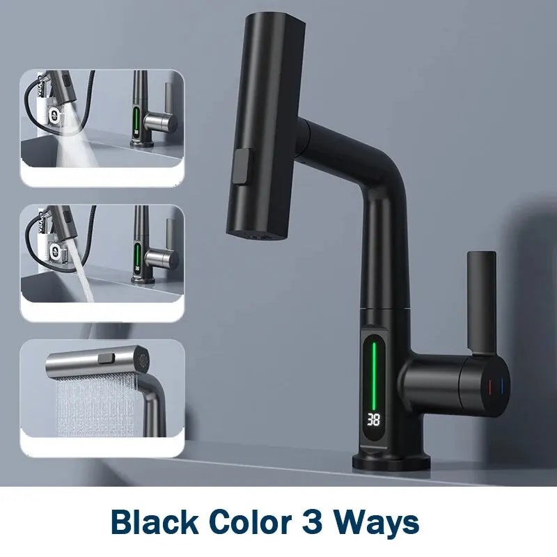 Digital Display Basin Faucet with Pull-Out 3-Way Sprayer – Caspri