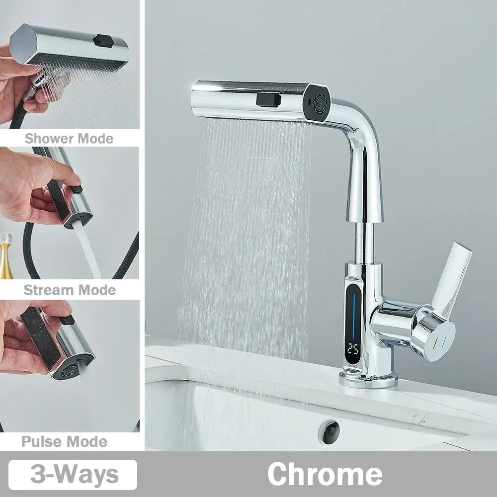 Digital Display Basin Faucet with Pull-Out 3-Way Sprayer – Caspri
