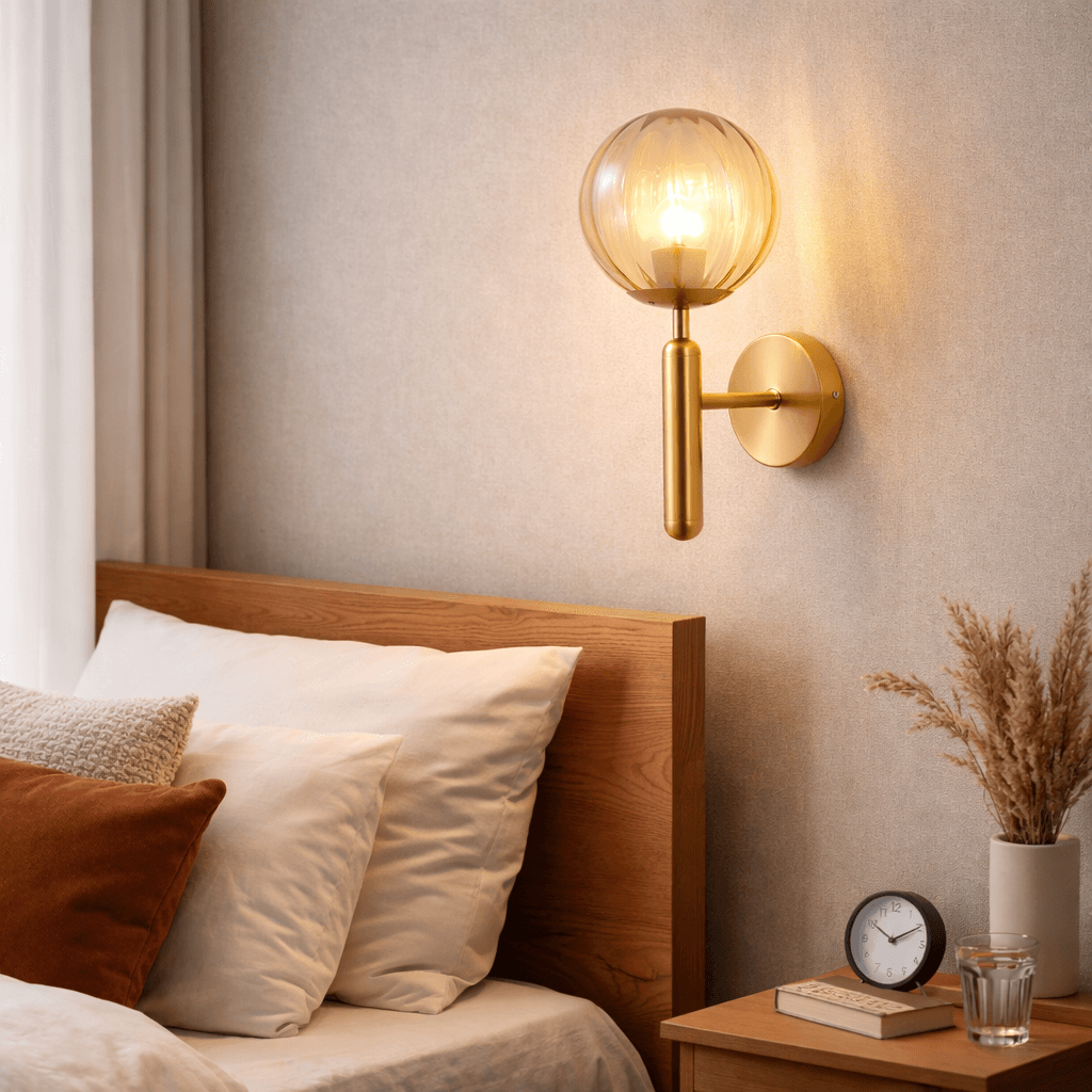 Modern Glass Wall Light with Brass Finish | Bedside & Living Room Wall Sconce