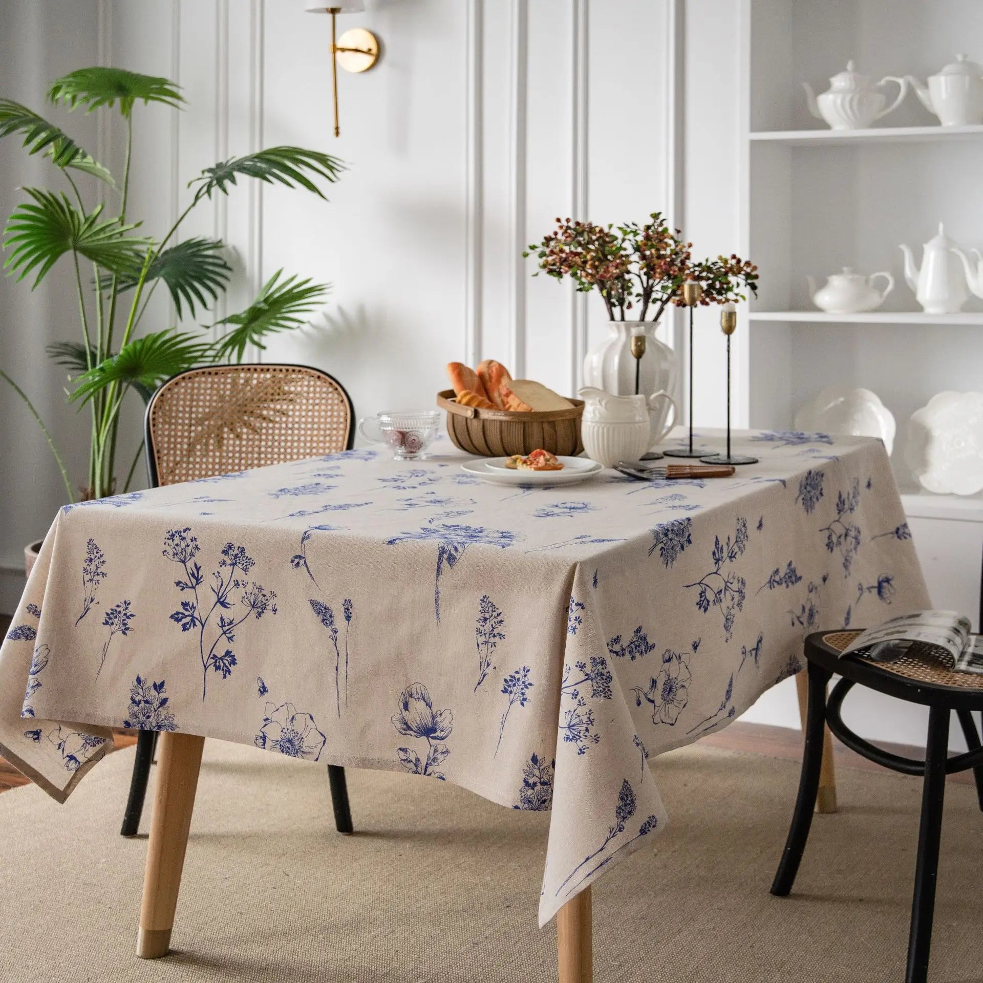 Cotton Linen Tablecloth with Botanical Print, Rustic Garden Design – Caspri