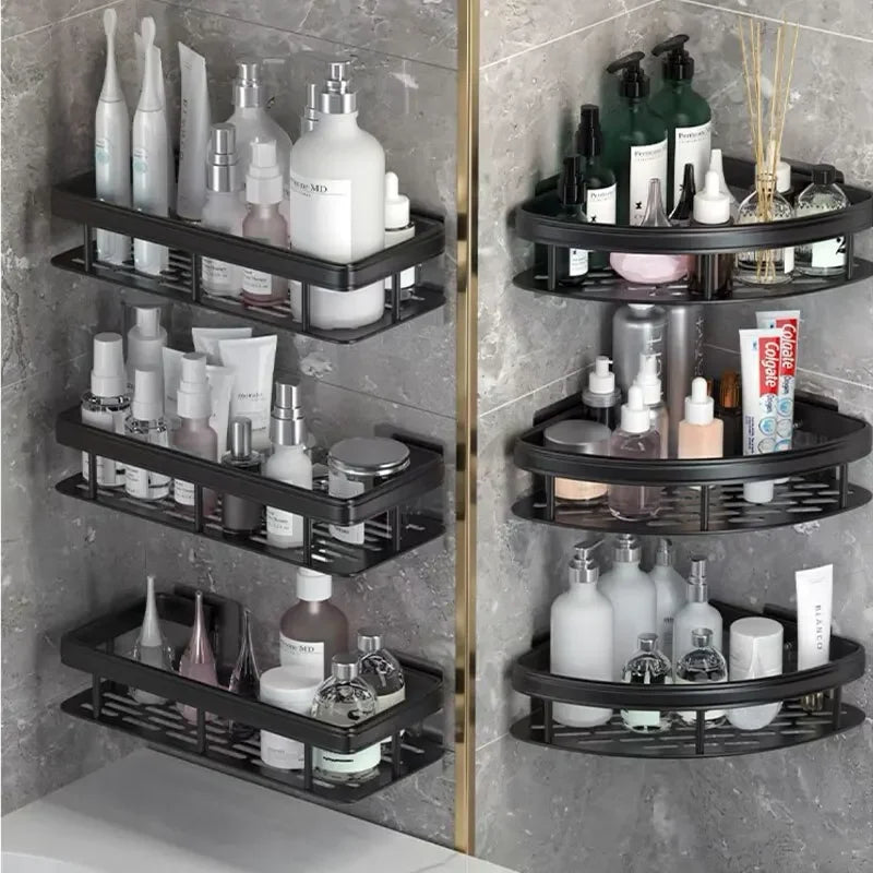 No-Drill Bathroom Corner Storage Shelf, Aluminium Wall Rack – Caspri
