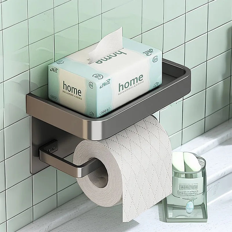 Aluminium Toilet Paper Holder with Shelf, Wall-Mounted in Grey or Silver – Caspri