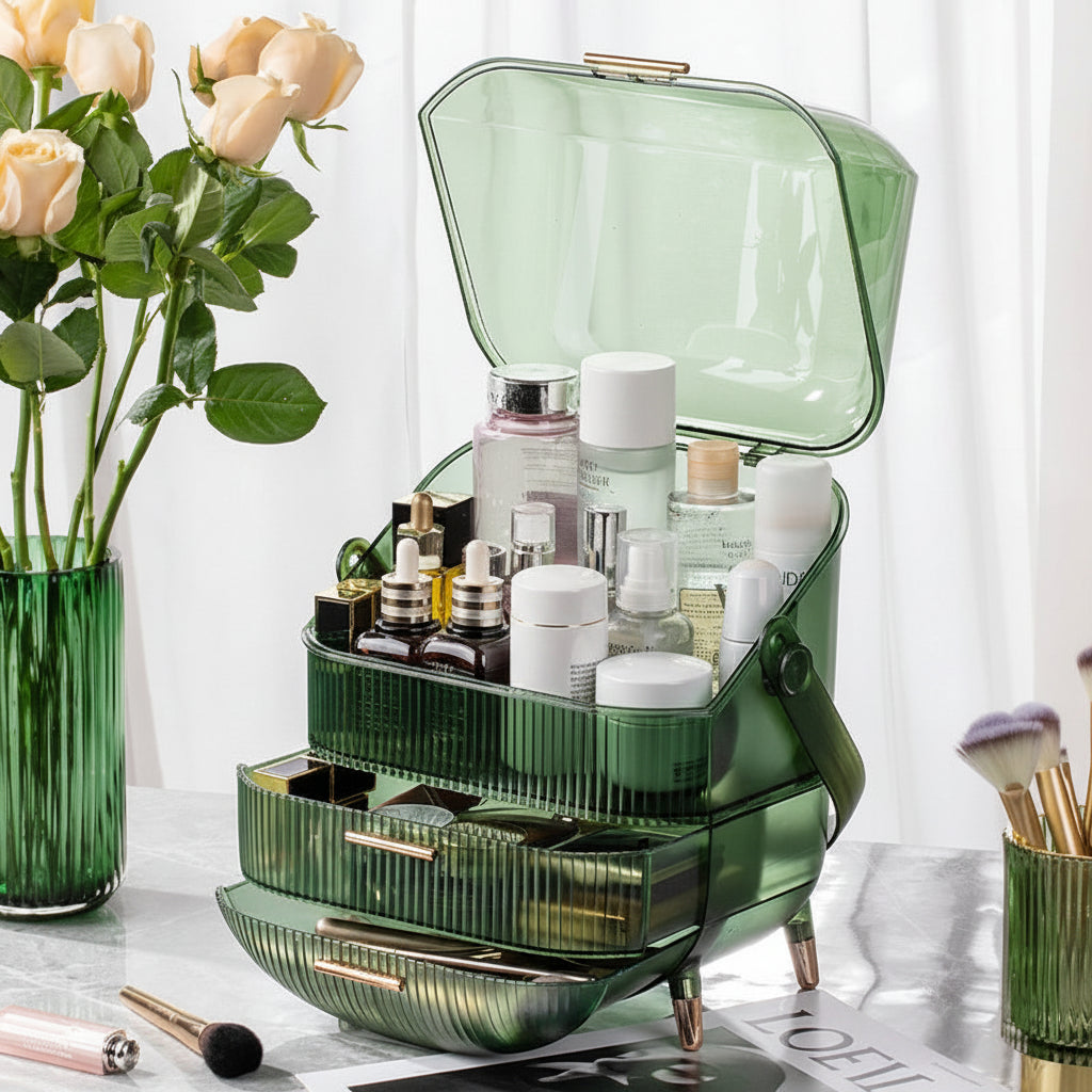 Makeup Organizer With Lid Clear Green For Dorm - Caspri
