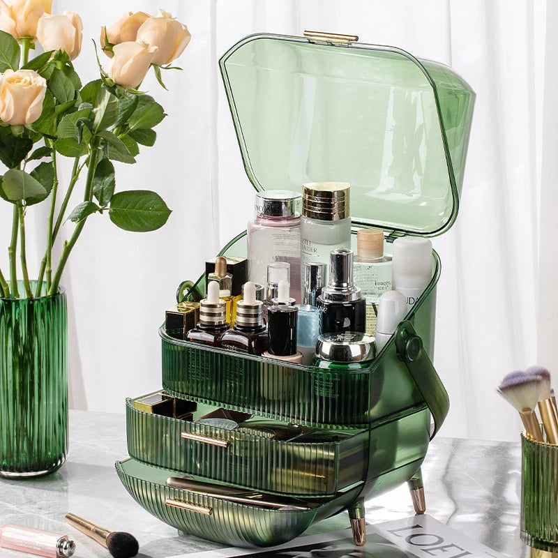 Makeup Organizer With Lid Clear Green For Dorm - Caspri