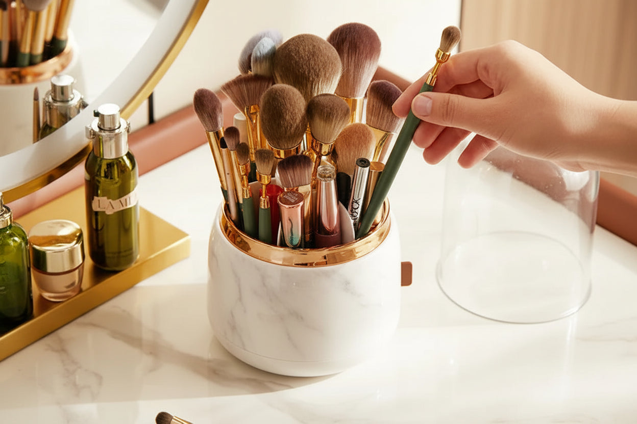 Makeup Brush Holder – Clear Acrylic Cylinder with Lid - Caspri