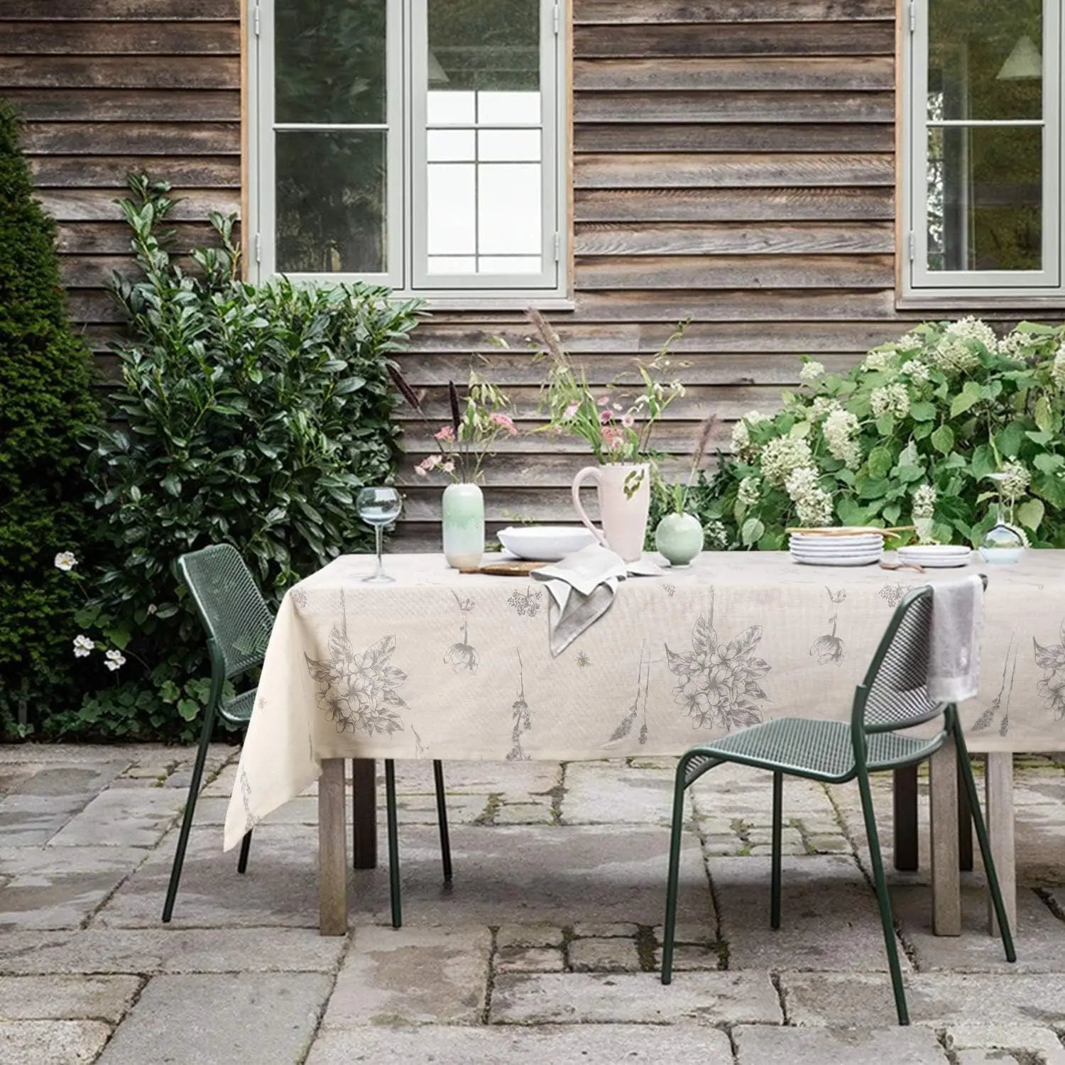 Cotton Linen Tablecloth with Botanical Print, Rustic Garden Design – Caspri