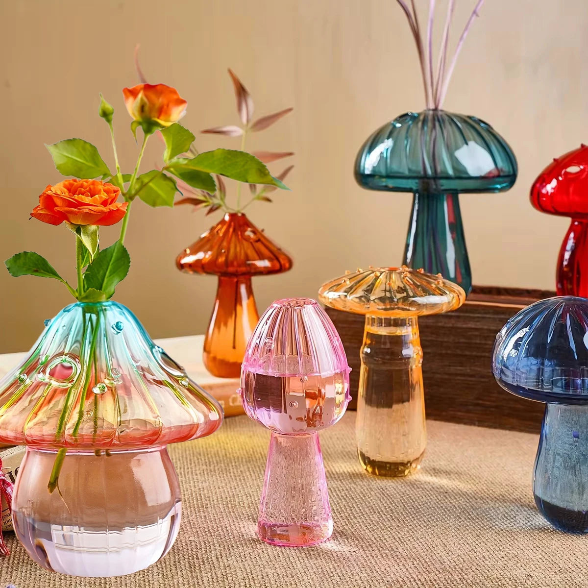 Colourful Glass Mushroom Vase – Flower & Decorative Use - Caspri