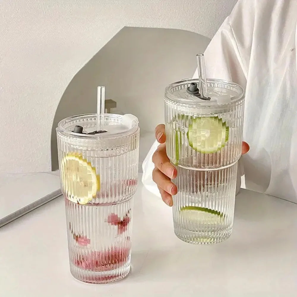Glass Cup 600ml with Lid and Straw Reusable – Caspri