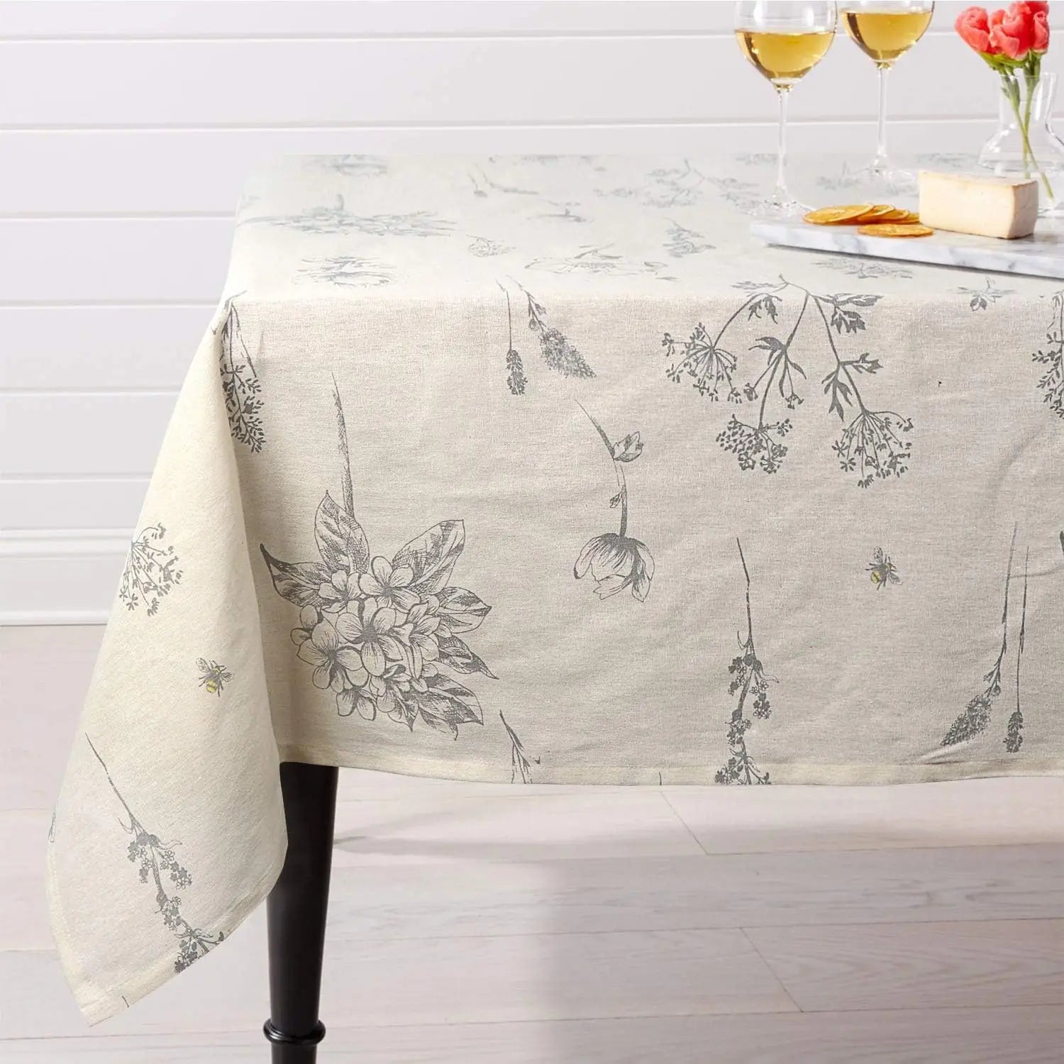Cotton Linen Tablecloth with Botanical Print, Rustic Garden Design – Caspri
