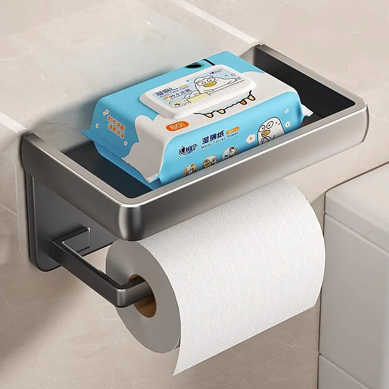 Aluminium Toilet Paper Holder with Shelf, Wall-Mounted in Grey or Silver – Caspri