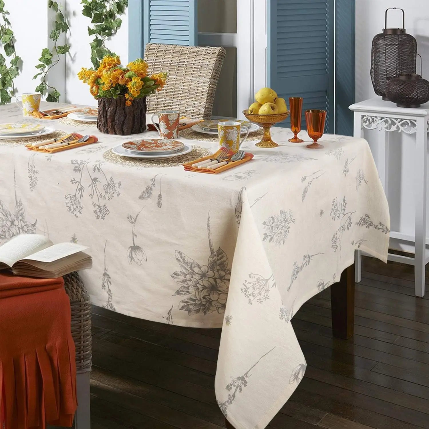 Cotton Linen Tablecloth with Botanical Print, Rustic Garden Design – Caspri